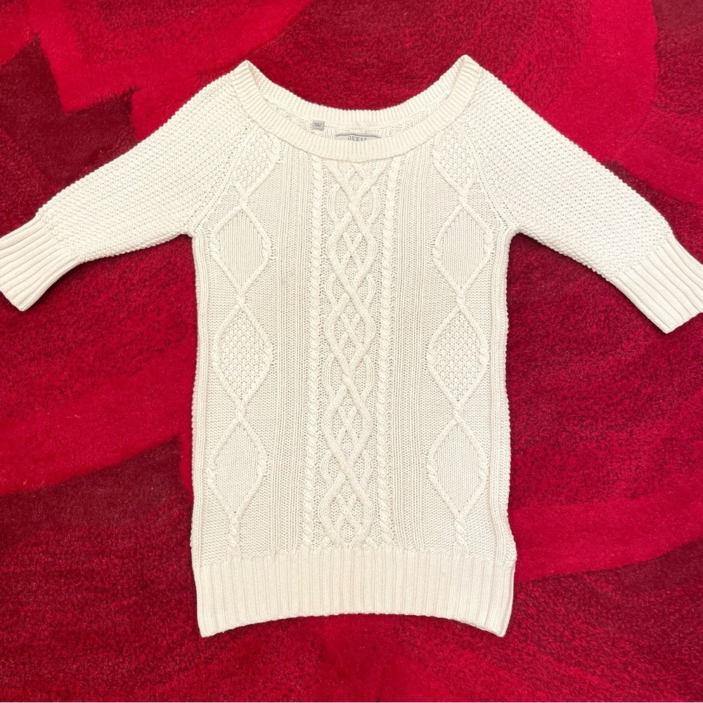 GUESS Women’s Short Sleve Cableknit Cream Sweater Size S